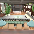 Modern Living Room Interior With Wooden Flooring Green Bench Round Coffee Table And Hanging Lights
