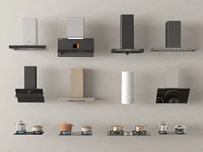 Modern Kitchen Appliances Including Range Hoods and Stovetops in Various Designs 3d model