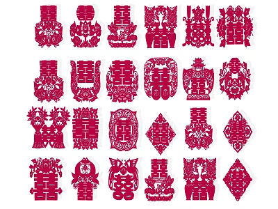 Traditional Chinese Red Paper Cutting Wall Decor With Double Happiness Ornamental Designs 3d model