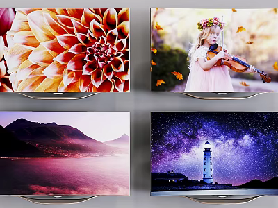 High Quality TV Displaying Vibrant Flower Girl Playing Violin Mountain View And Starry Lighthouse 3d model