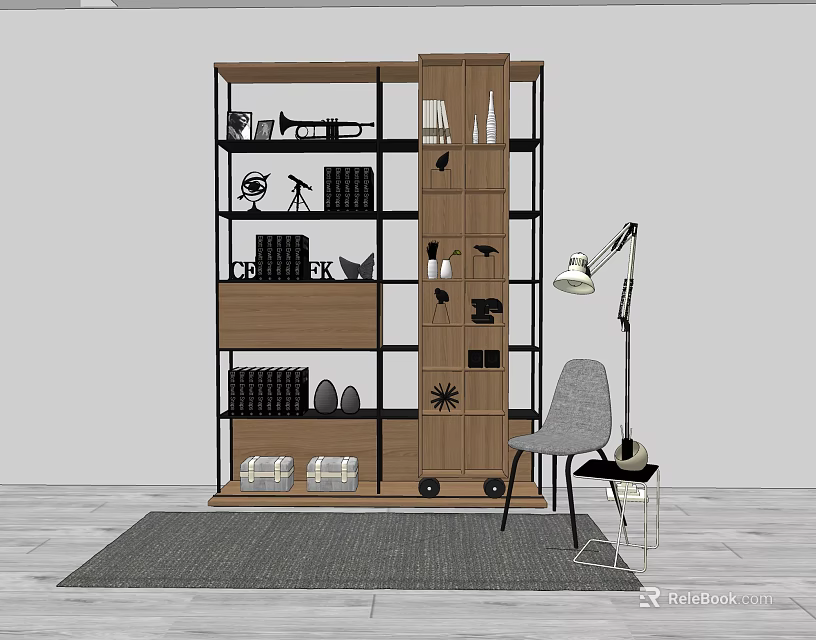 Modern Bookshelf Interior Design With Multiple Shelves Books Decorative Items Accent Chair And Floor Lamp 3d model 
