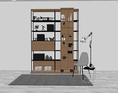 Modern Bookshelf Interior Design With Multiple Shelves Books Decorative Items Accent Chair And Floor Lamp 3d model