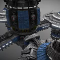 Cartoon Scenario Of Sci Fi Spaceship With Multiple Disc Structures Tower Top Blue Gray Details