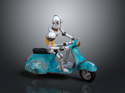 Silver Metallic Robot Riding Blue Vintage Scooter With Orange Headlight And Rustic Accents 3d model