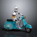 Silver Metallic Robot Riding Blue Vintage Scooter With Orange Headlight And Rustic Accents