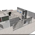White Exhibition Booth With Open Design Multiple Display Counters Blue Accents And Fencing