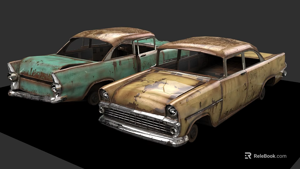 Two Old Rusty Worn Out Vintage Cars With Weathered Exterior And Classic Design 3d model 