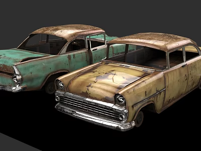 Two Old Rusty Worn Out Vintage Cars With Weathered Exterior And Classic Design 3d model