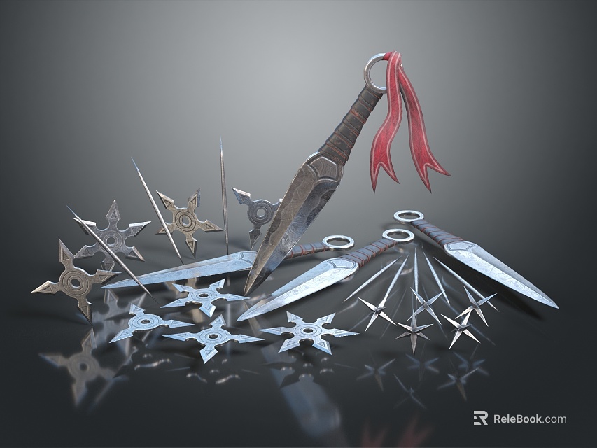 Ninja Weapons Collection Featuring Dagger With Red Rope And Shurikens On Dark Surface 3d model 