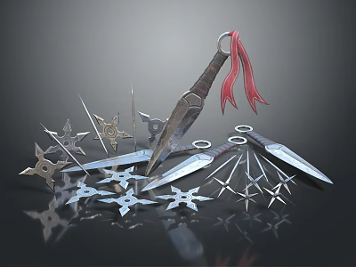 Ninja Weapons Collection Featuring Dagger With Red Rope And Shurikens On Dark Surface 3d model