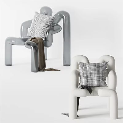Gray and White Modern Accent Chair with Soft Pillow and Throw Blanket in Minimalist Design 3d model