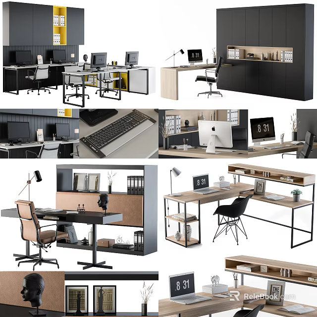 Modern Office Desk Setup With Ergonomic Chair Computer Monitor Desk Lamp And Storage Shelves 3d model 