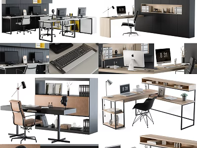 Modern Office Desk Setup With Ergonomic Chair Computer Monitor Desk Lamp And Storage Shelves 3d model