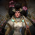 Oriental Female Figures in Traditional Costume with Decorative Umbrellas and Elaborate Hair Details