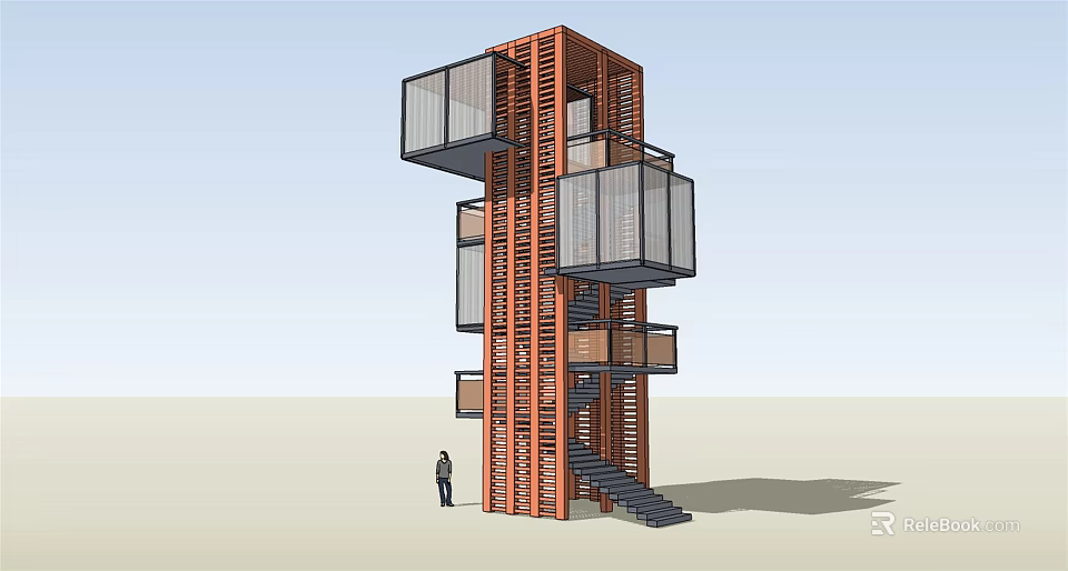 Modern Tower Design with Glass Panels Spiral Staircase and Multi Level Structure 3d model 