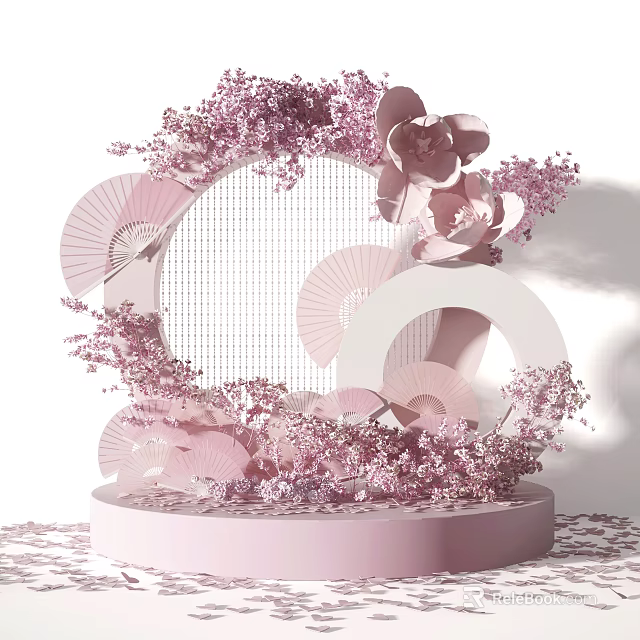 Pink Decorative Display With Cherry Blossoms Fans And Circular Frame On Pedestal 3d model 