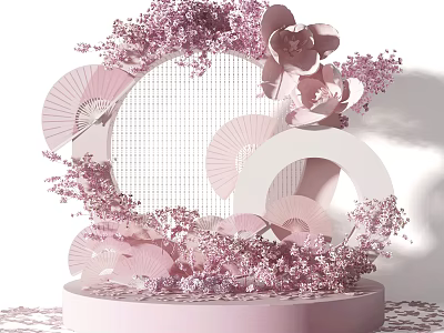 Pink Decorative Display With Cherry Blossoms Fans And Circular Frame On Pedestal 3d model