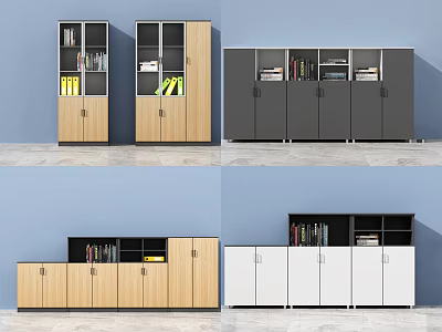 Various Style Bookcases In Wooden Gray White With Glass Doors Closed Cabinets And Books 3d model