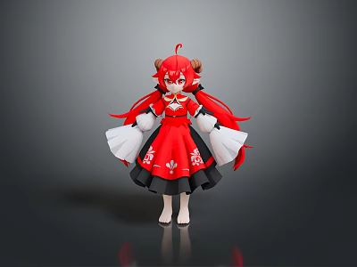 Anime Style Game Movie Character With Red Long Hair Horns Red Dress White Sleeves Black Skirt 3d model