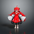 Anime Style Game Movie Character With Red Long Hair Horns Red Dress White Sleeves Black Skirt