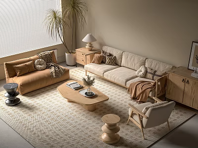 Modern Sofa And Coffee Table Set With Neutral Tones Wooden Table Throw Pillows And Rug 3d model