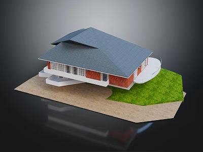 Single Family House With Gray Roof Red Walls Green Lawn And Sandy Ground 3d model