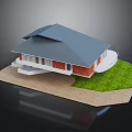 Single Family House With Gray Roof Red Walls Green Lawn And Sandy Ground