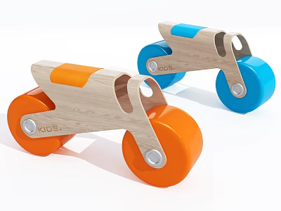 Kids Wooden Bicycle Toy with Orange and Blue Wheels for Playtime Fun 3d model