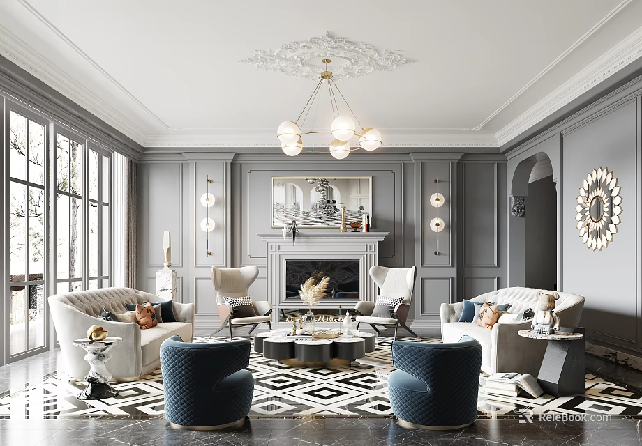 Elegant Gray Living Room Interior With Ornate Chandelier Fireplace White Sofas And Navy Blue Armchairs 3d model 