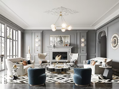 Elegant Gray Living Room Interior With Ornate Chandelier Fireplace White Sofas And Navy Blue Armchairs 3d model