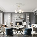 Elegant Gray Living Room Interior With Ornate Chandelier Fireplace White Sofas And Navy Blue Armchairs
