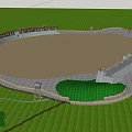 Outdoor Circular Area With Wooden Awnings Fountain Stone Paths And Green Grass