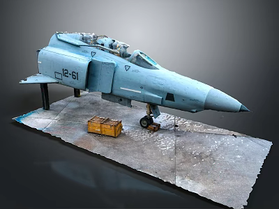 Light Blue Fighter Jet Model Display With Yellow Crate On Textured Ground Platform 3d model