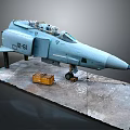 Light Blue Fighter Jet Model Display With Yellow Crate On Textured Ground Platform