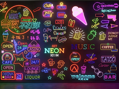 Vibrant Neon Decorative Lights with Bar Cafe Welcome Love Music Open 247 Icons 3d model