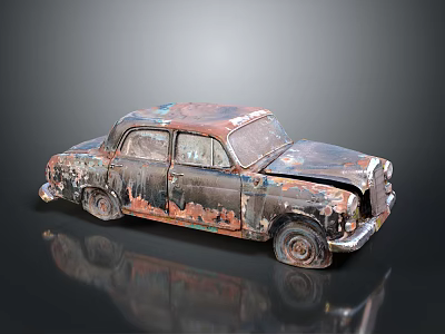 Rusted Vintage Car With Damaged Body And Peeling Paint On Black Reflective Surface 3d model