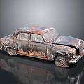 Rusted Vintage Car With Damaged Body And Peeling Paint On Black Reflective Surface