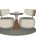 Modern Table And Chair Set With White Seats Wooden Armrests Conical Base And Round Rug