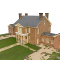 Historic Red Brick House With Two Chimneys Lawn White Fence Gate And Stone Lion Statues
