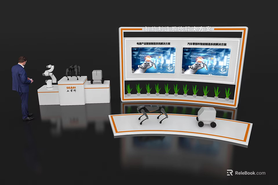 Modern Hi tech Exhibition Booth Design With Display Island Robots Large Screens And Green Plants 3d model 