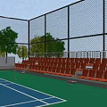 Outdoor Tennis Court With Blue Surface Green Floor Orange Seats And Fence
