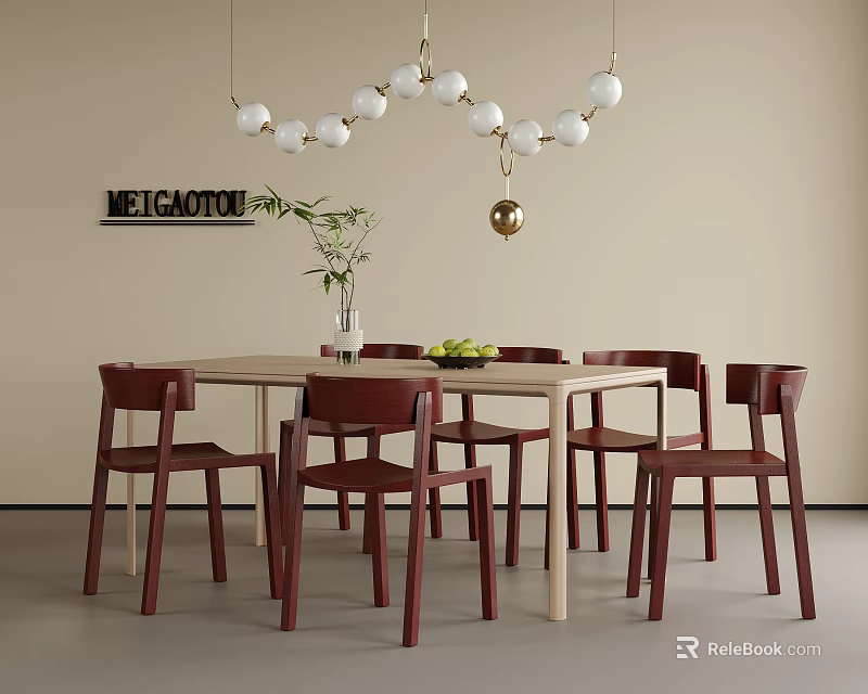 Stylish Light Wood Table And Red Chairs Set With Hanging Pendant Lights And Potted Plant 3d model 