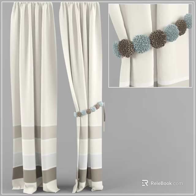 White Window Curtains With Gray Stripes And Pom Pom Tieback Decoration 3d model 