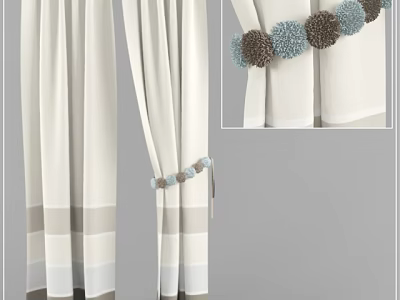 White Window Curtains With Gray Stripes And Pom Pom Tieback Decoration 3d model