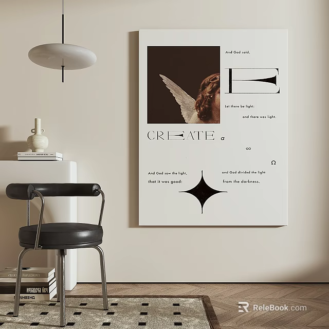 Modern Interior Decor With CREATE Art Poster And Black Leather Chair 3d model