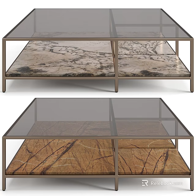 Modern Coffee Table With Glass Top Metal Frame Natural Stone Pattern Shelf 3d model