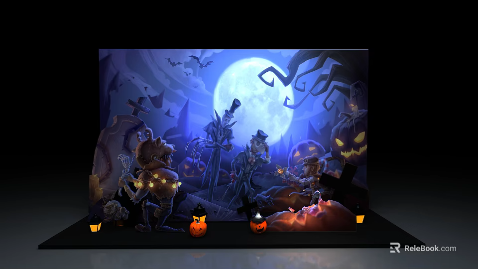 Halloween Photo Spot With Full Moon Pumpkin Lanterns Bats Tombstones And Scarecrow 3d model 