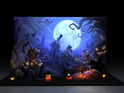 Halloween Photo Spot With Full Moon Pumpkin Lanterns Bats Tombstones And Scarecrow 3d model