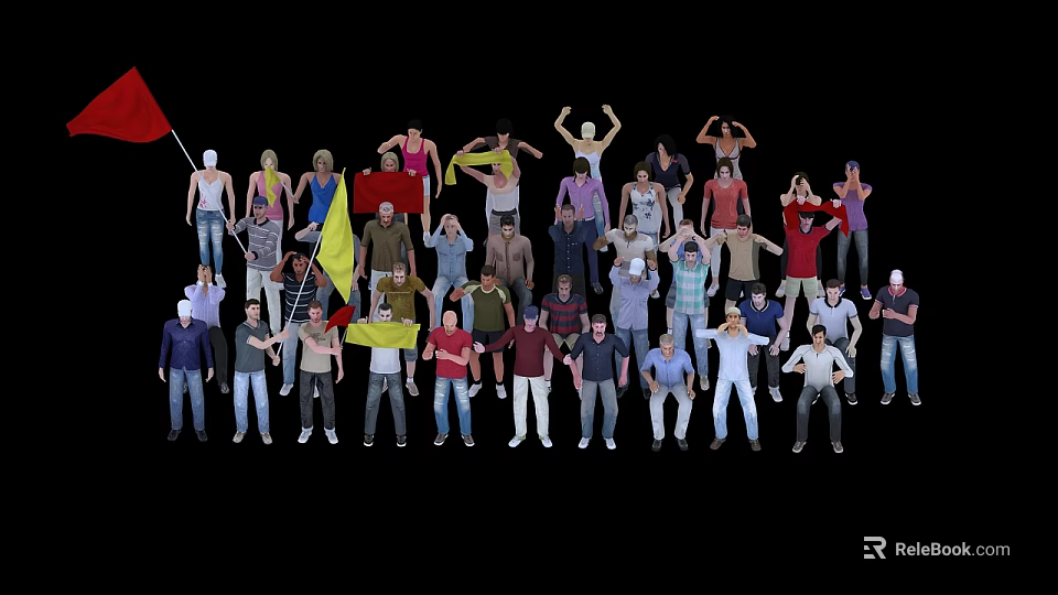 Group of People Standing Together With Colorful Clothing And Waving Flags In Different Poses 3d model 