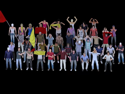 Group of People Standing Together With Colorful Clothing And Waving Flags In Different Poses 3d model